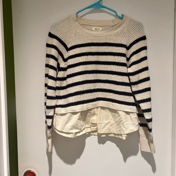 Maeve by Anthropologie Black and Cream Striped Sweater with Button Down Hem - Picture 3 of 5